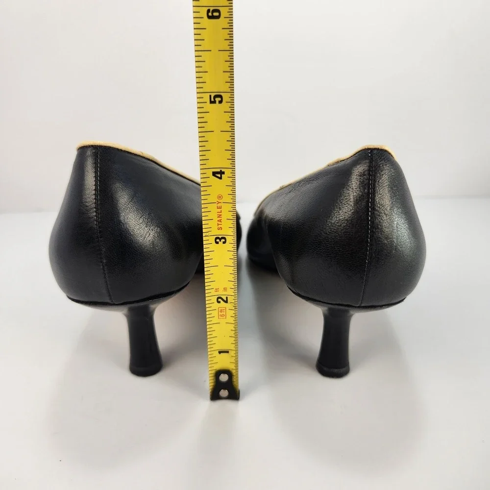 CHANEL Classic Black Beige Cap Toe Leather Pumps Heels Size 37 Made‎ in Italy
